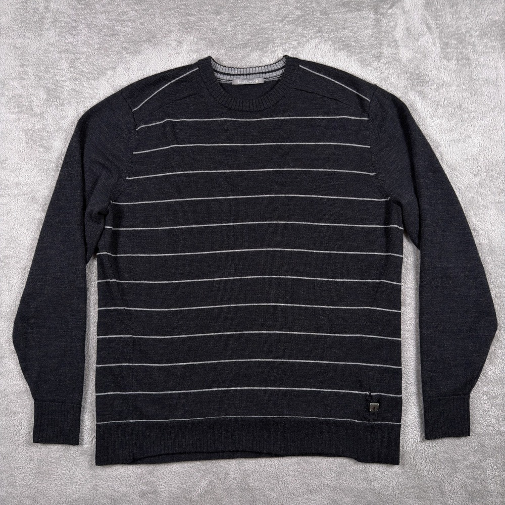Smart Wool Sweater Mens Large Charcoal Black Gray Stripe Wool Crew Pullover *